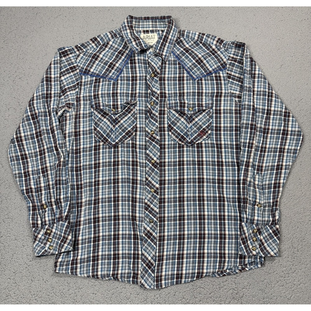 Ariat Shirt Mens Medium Blue Plaid Long Sleeve Pearl Snap Western Retro Fit